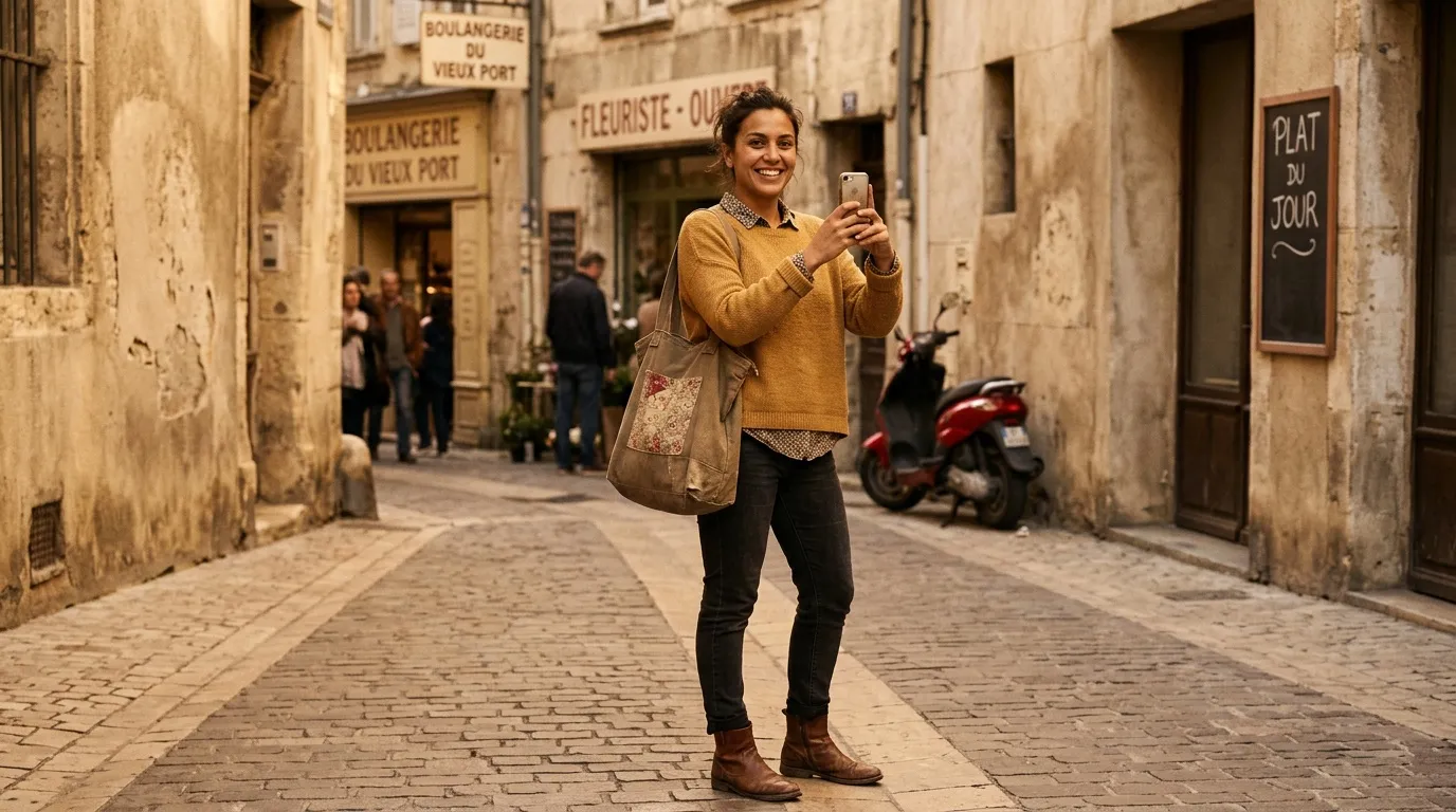 Femme souriante prenant une photo dans une ruelle fran&ccedil;aise pav&eacute;e