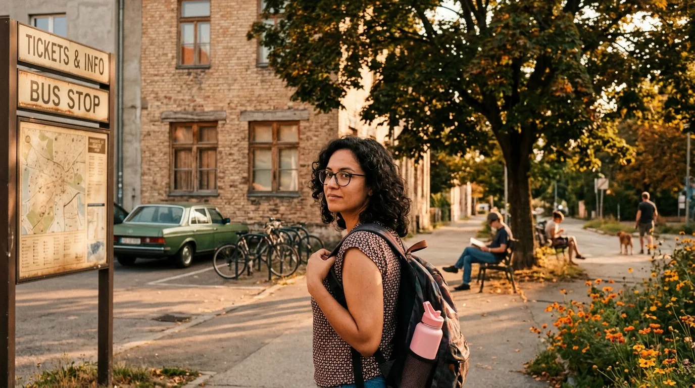Jeune femme avec sac &agrave; dos pr&egrave;s d'un arr&ecirc;t de bus