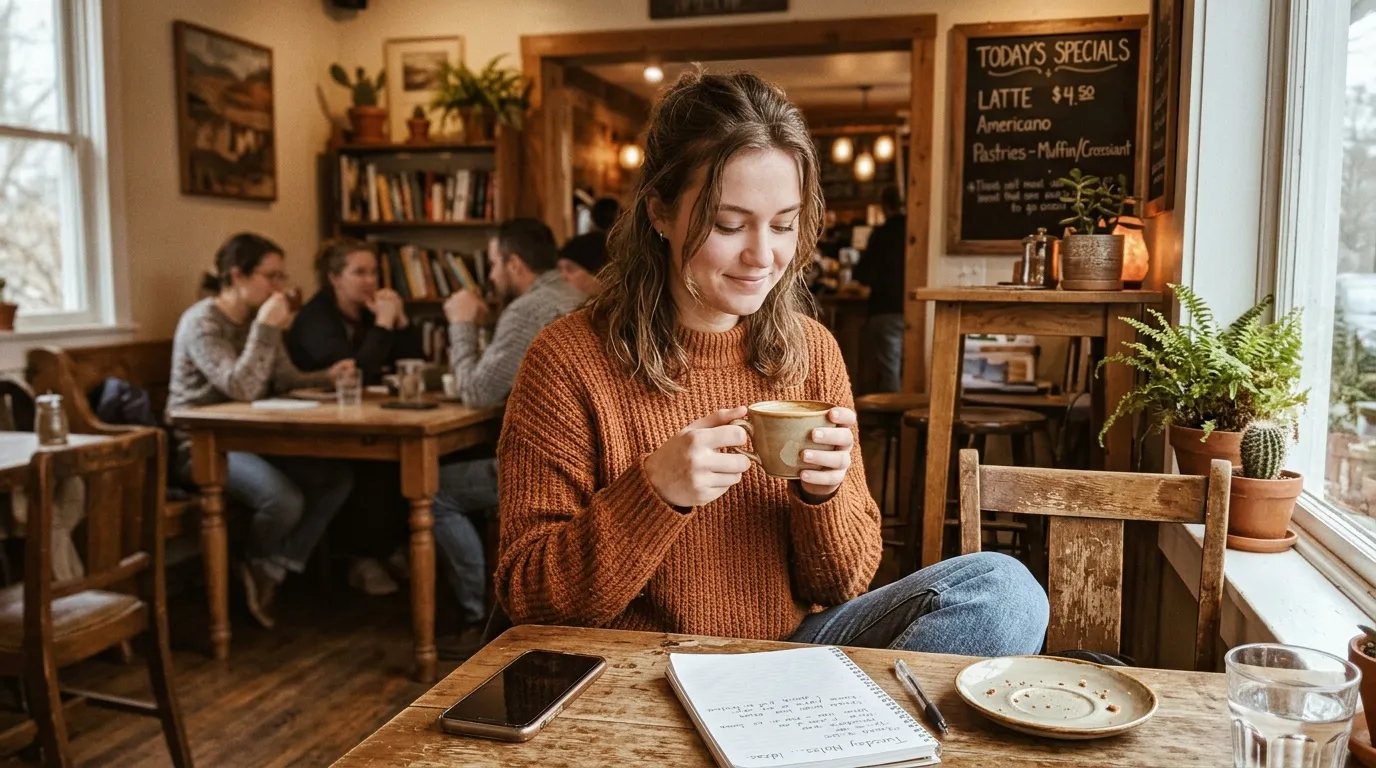 Femme savourant son café dans un café chaleureux avec clients en arrière-plan