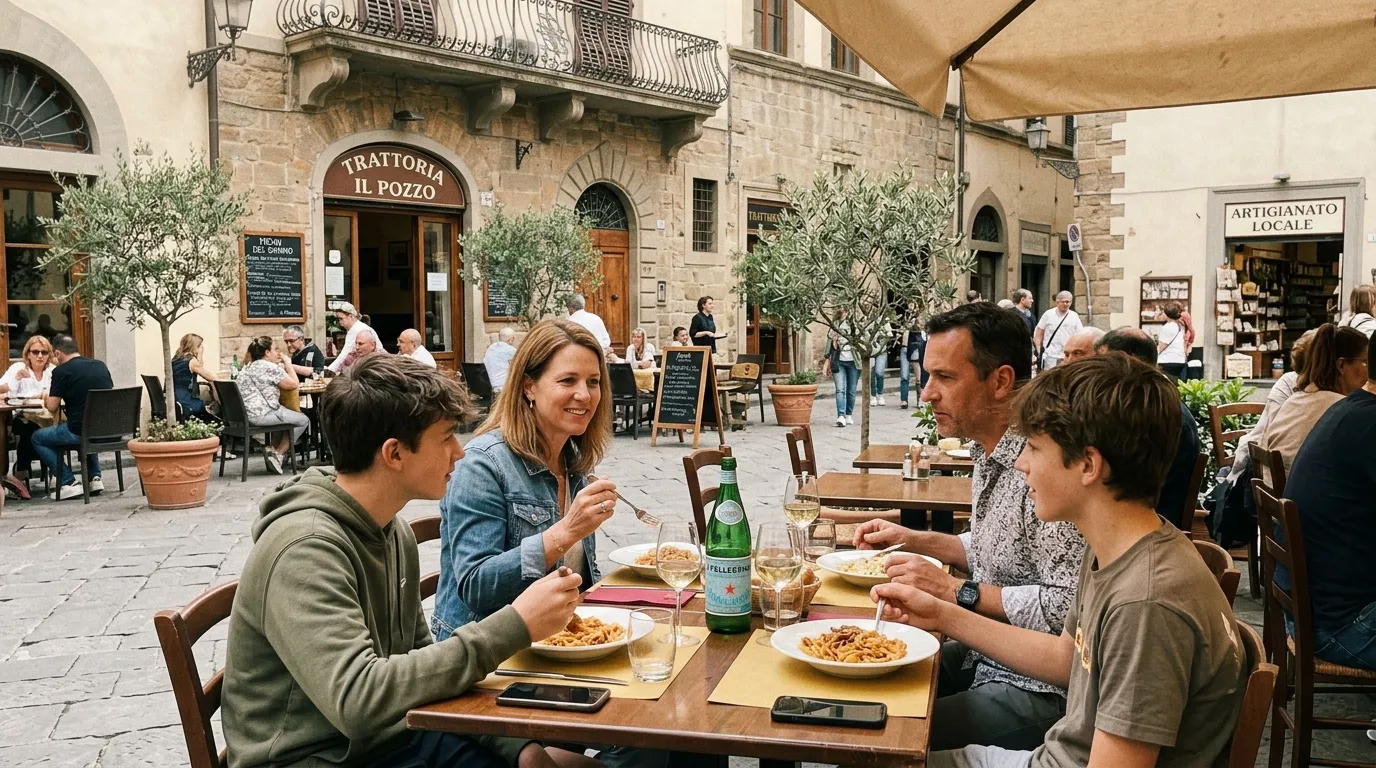 Famille mangeant à une terrasse italienne ensoleillée