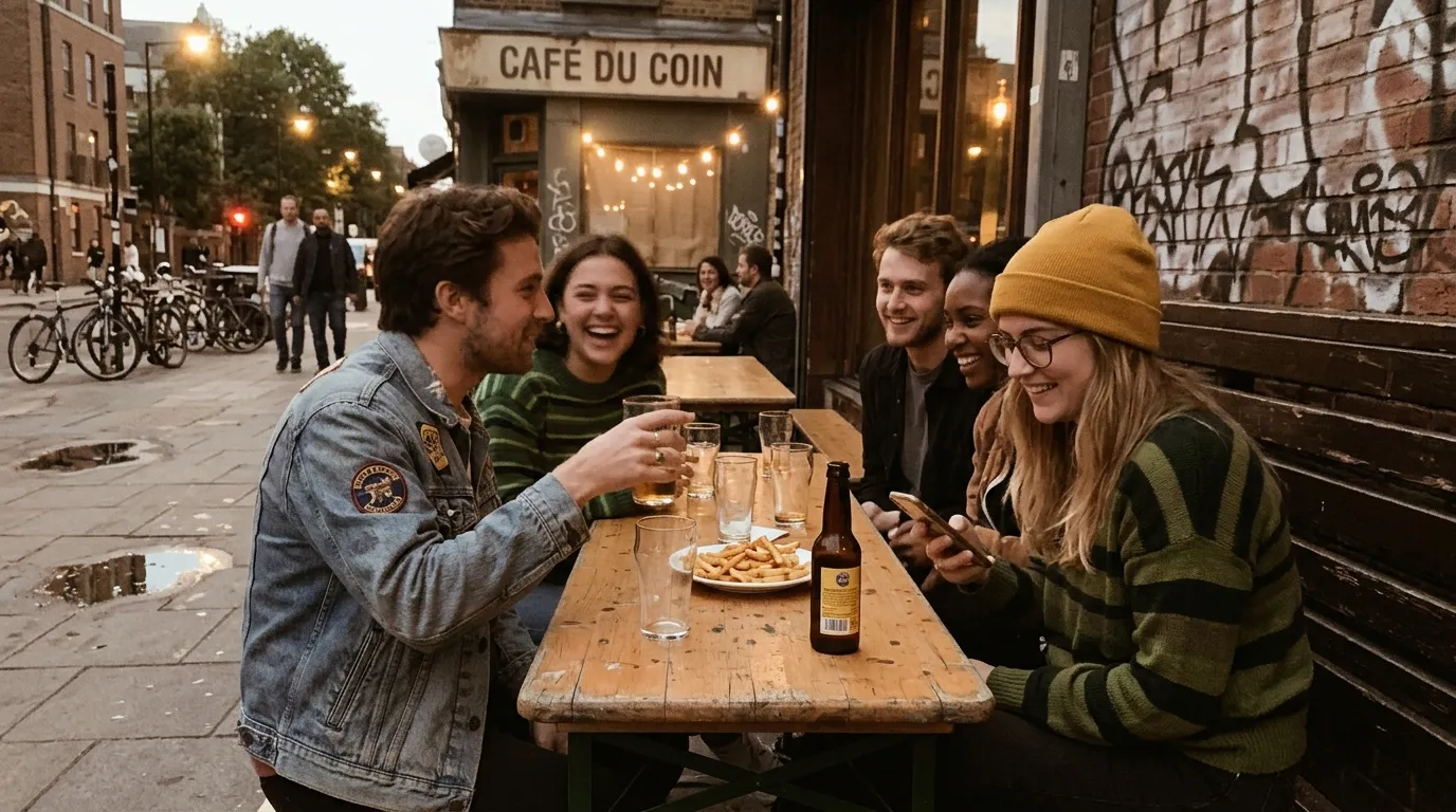 Groupe de jeunes riant autour d'une table de café en terrasse