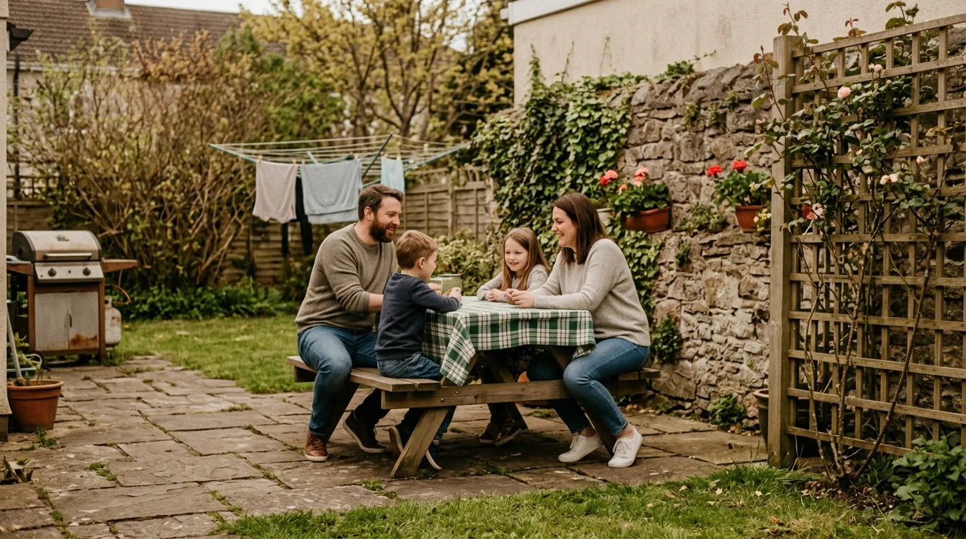 Famille de quatre personnes assise autour d'une table de pique-nique dans un jardin