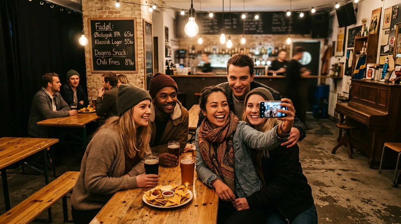 Groupe de jeunes amis prenant selfie dans un bar convivial