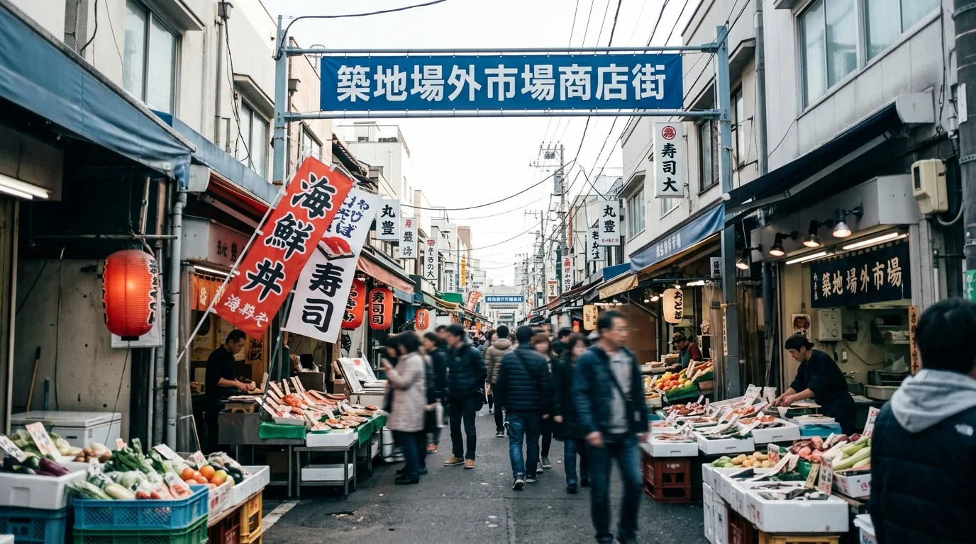 Marché couvert japonais avec vendeurs, clients et enseignes bleues