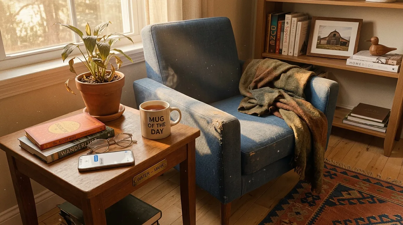 Fauteuil bleu près d'une fenêtre avec livres et plante