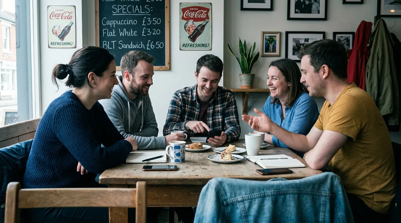 Cinq personnes discutent autour d'une table en bois dans un café