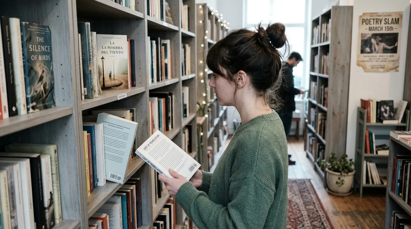 Femme feuillette un livre dans une bibliothèque entre des étagères