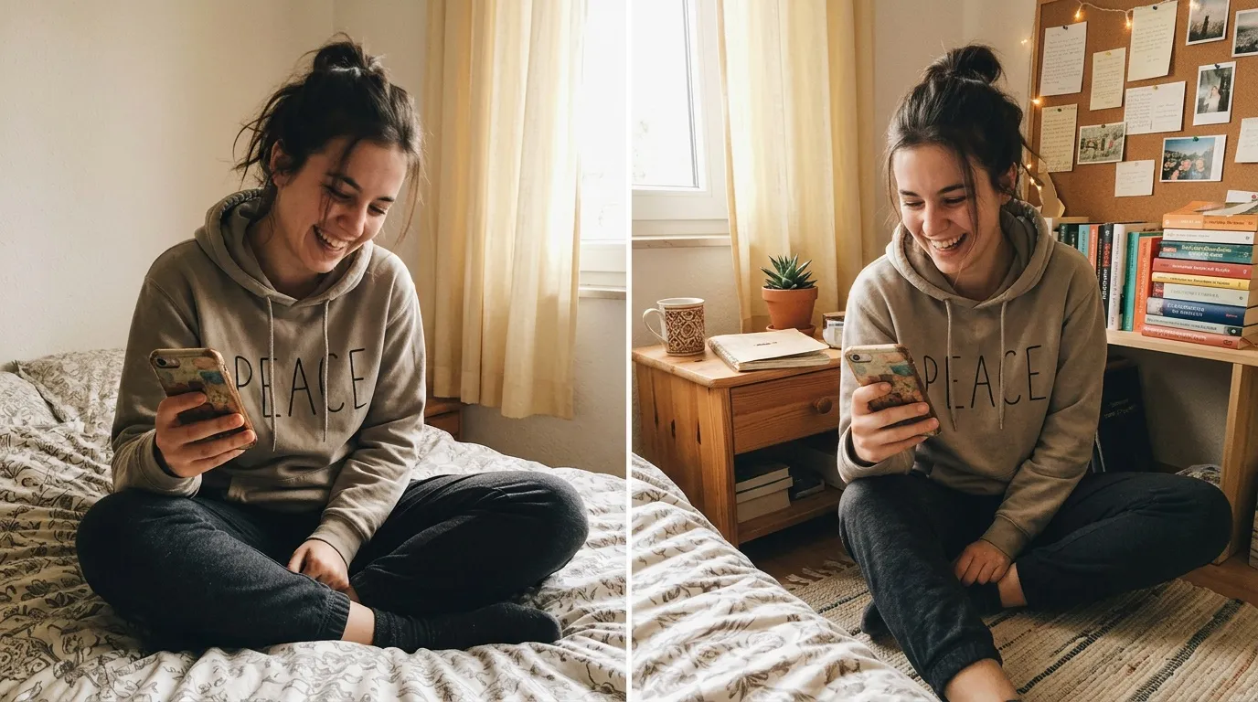 Adolescente heureuse tenant un t&eacute;l&eacute;phone dans sa chambre