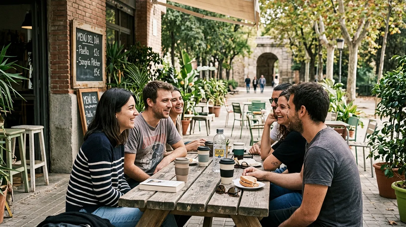 Groupe de jeunes amis souriant autour d'une table en bois
