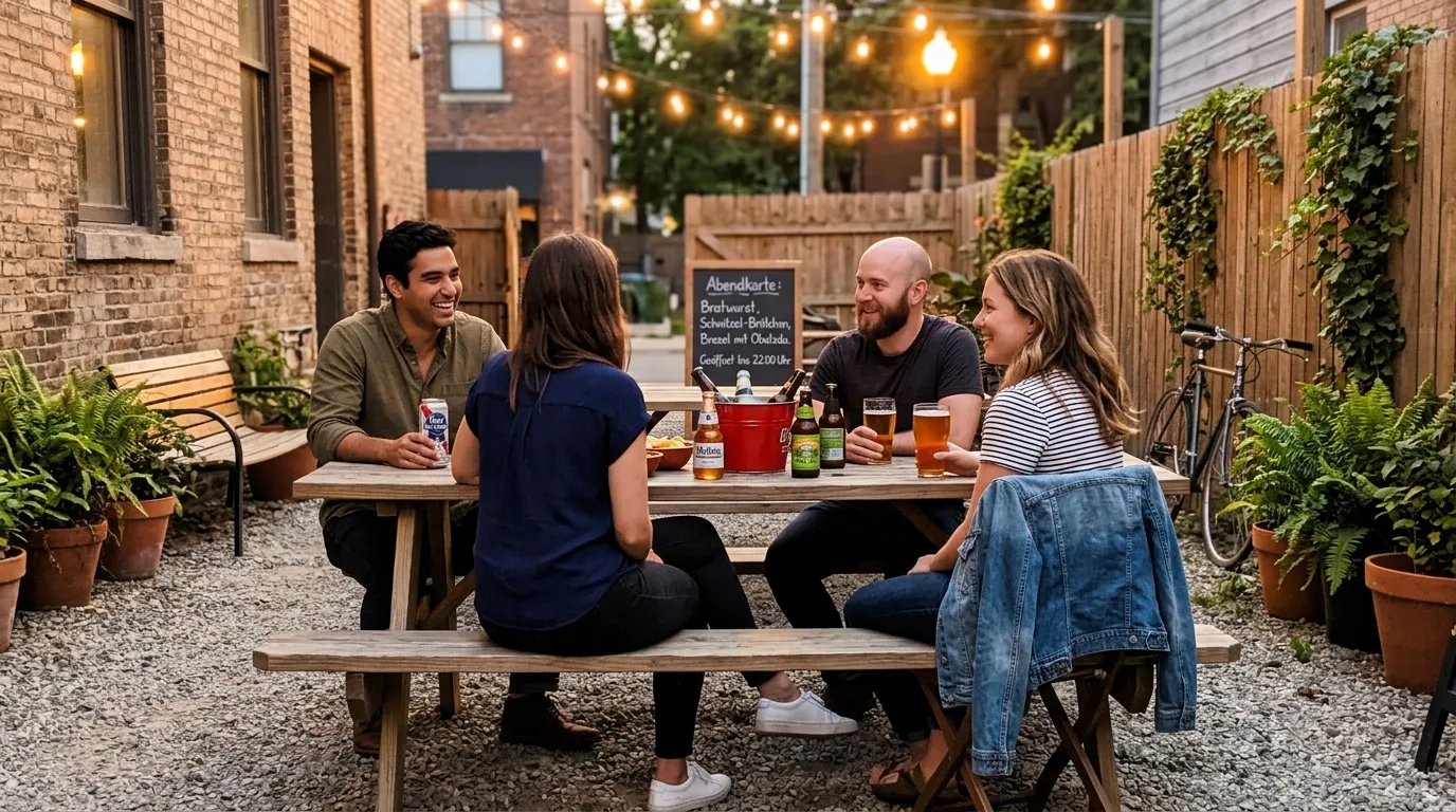 Quatre amis discutent autour d'une table de pique-nique en terrasse