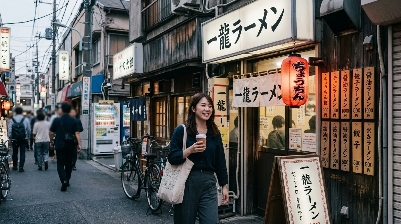 Femme souriante devant restaurant ramen traditionnel au Japon