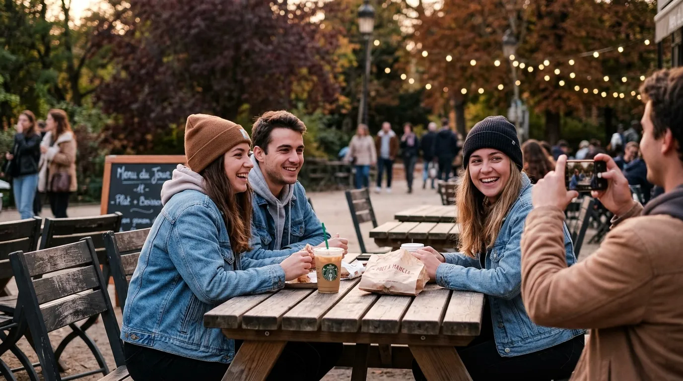 Groupe de jeunes amis souriant &agrave; une table de caf&eacute; ext&eacute;rieur automnal