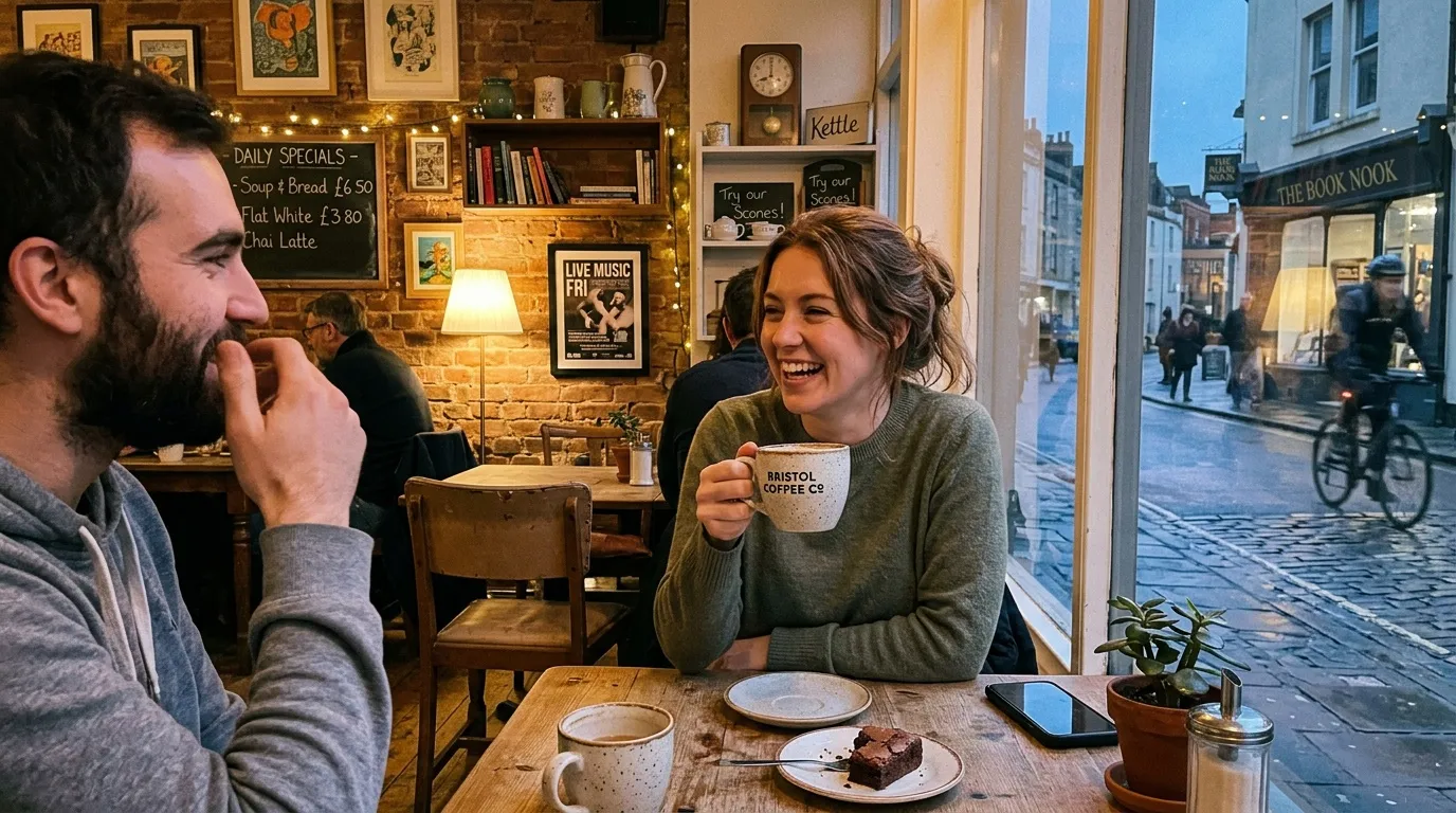 Deux personnes souriantes prennent un caf&eacute; dans un &eacute;tablissement douillet.