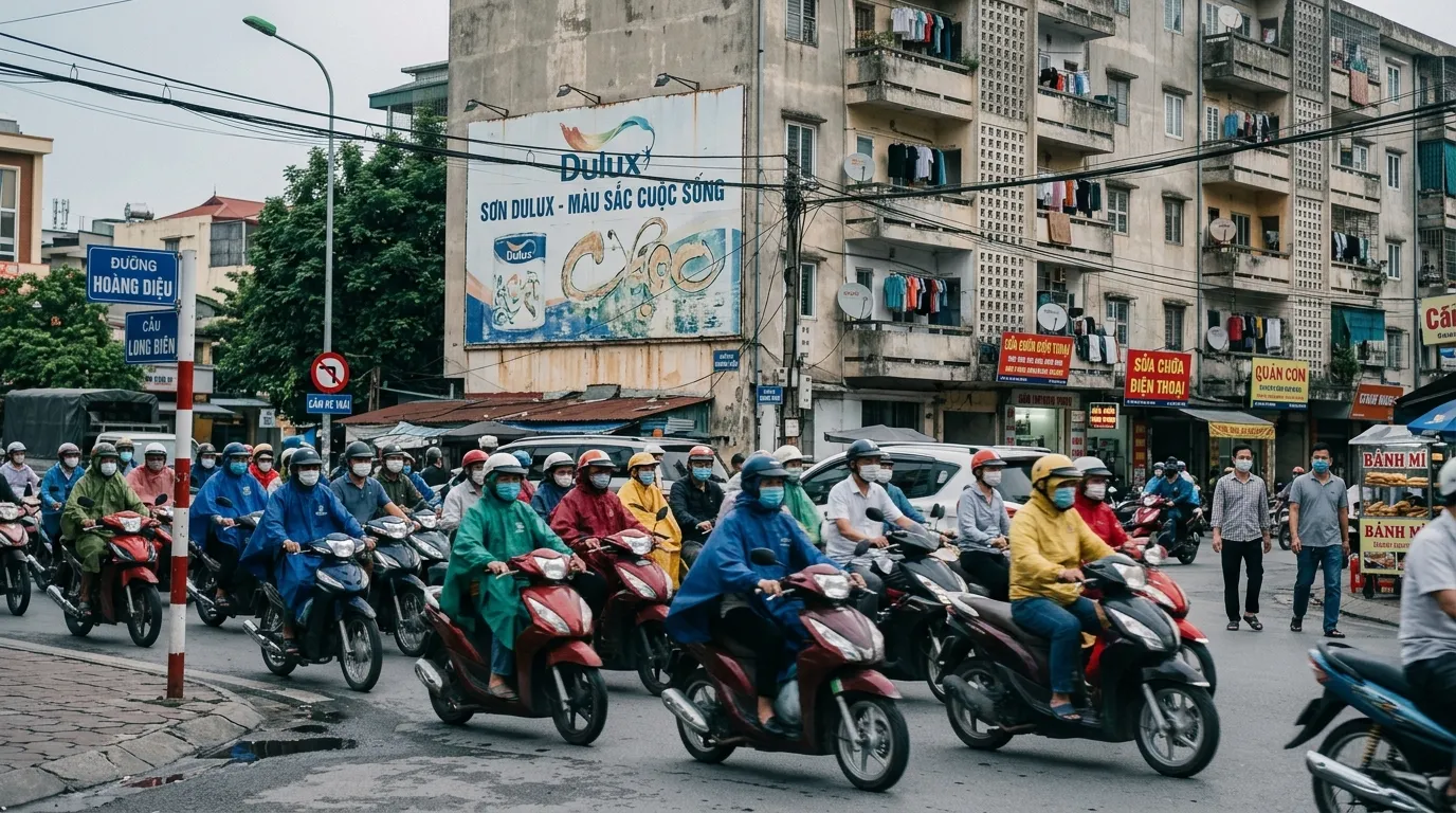 Nombreux motocyclistes circulant dans une rue vietnamienne urbaine