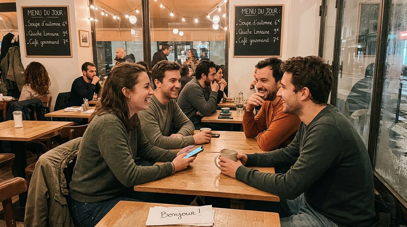 Groupe de jeunes gens souriants autour d'une table en bois