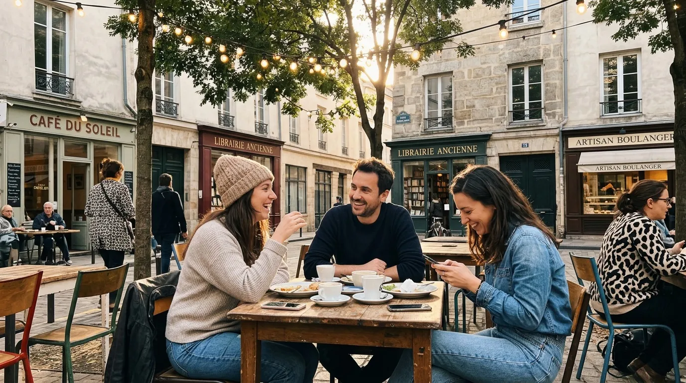 Trois amis rient autour d'une table de caf&eacute; parisien.