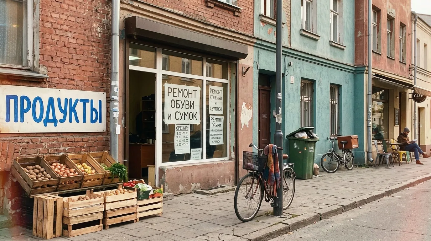 Rue avec magasin, fruits, bicyclettes, b&acirc;timents color&eacute;s russes