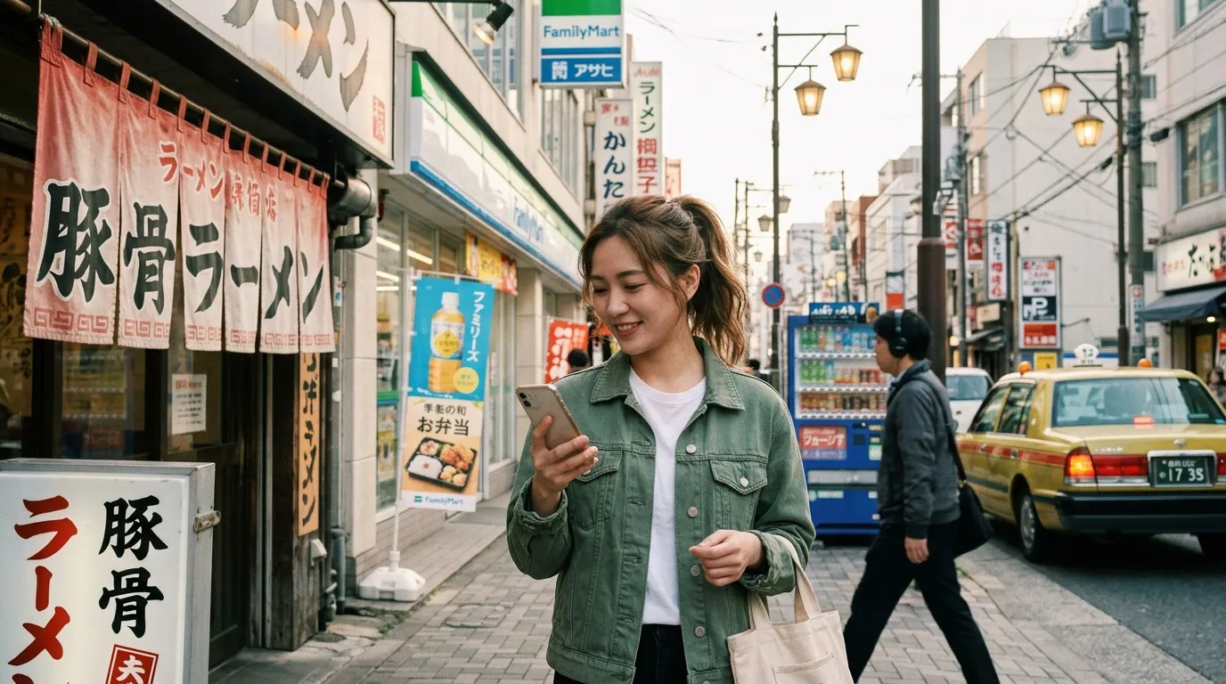 Jeune femme souriante regardant son t&eacute;l&eacute;phone dans une rue commer&ccedil;ante japonaise