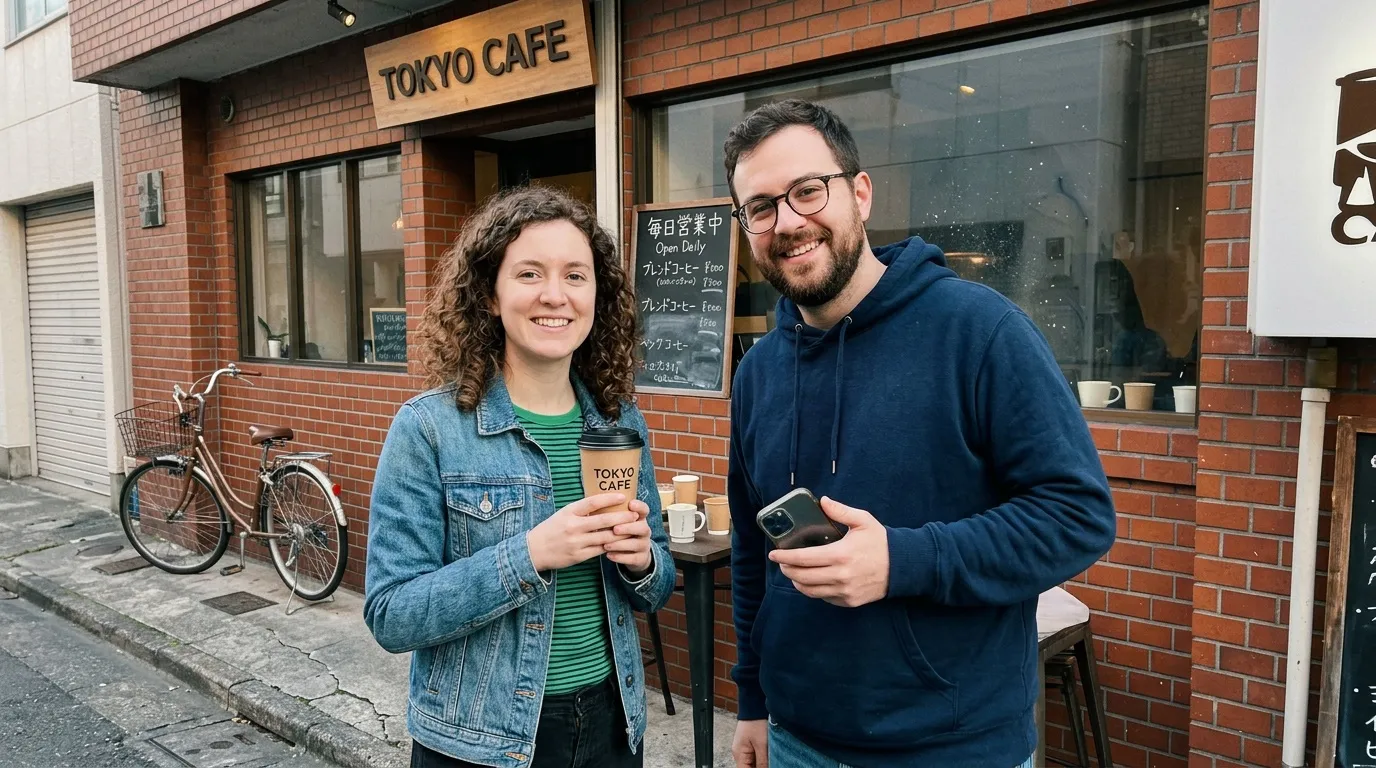 Deux personnes sourient devant un caf&eacute; Tokyo avec fa&ccedil;ade brique.