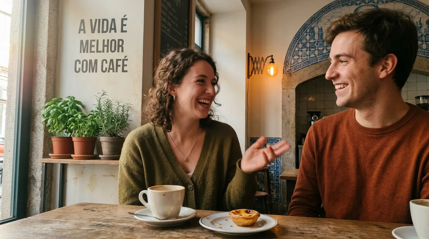 Deux personnes rient ensemble autour d'un caf&eacute; en terrasse