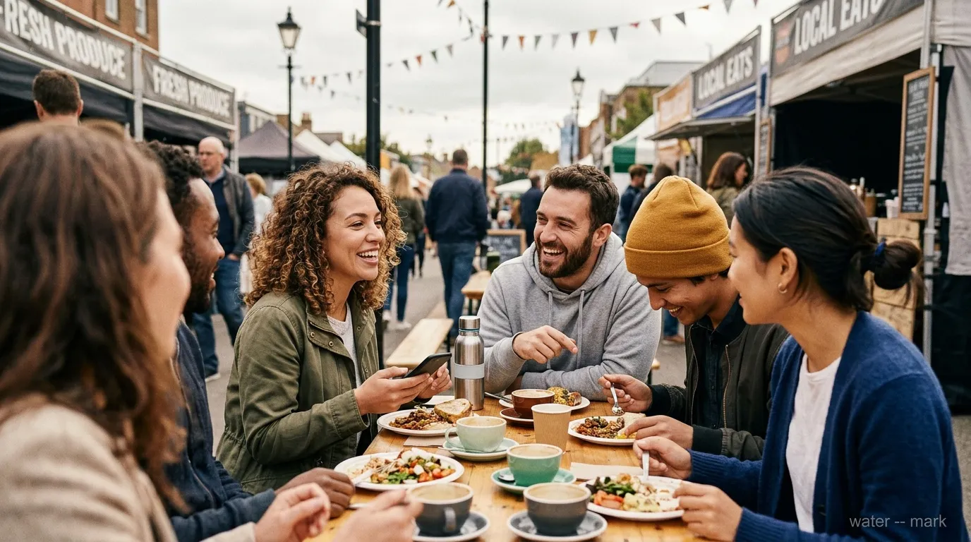 Groupe de personnes mangeant ensemble au march&eacute; ext&eacute;rieur