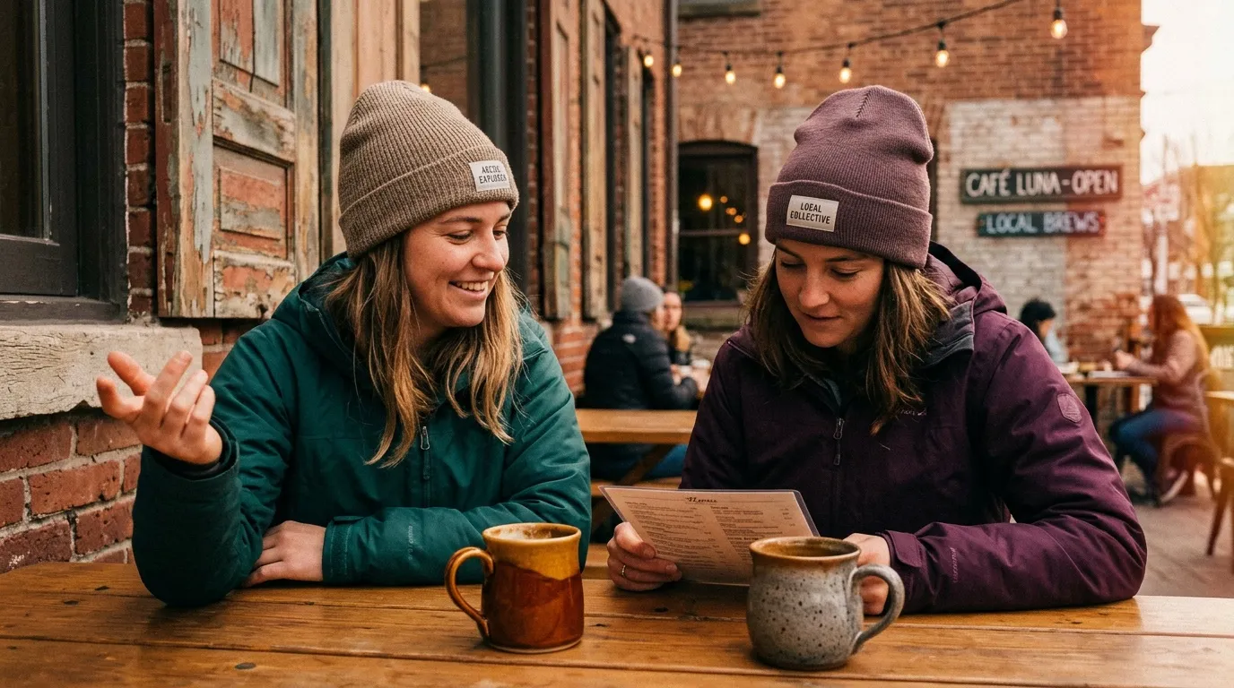 Deux femmes souriantes d&eacute;gustent du caf&eacute; en terrasse urbaine