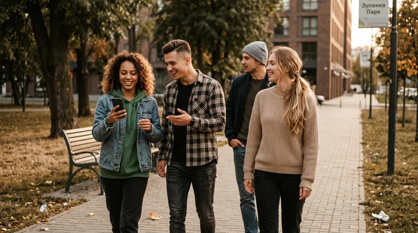 Groupe de jeunes adultes souriant en marchant dans un parc automnal