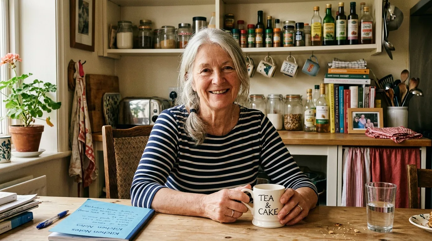 Femme &acirc;g&eacute;e souriante avec tasse th&eacute; cuisine organis&eacute;e