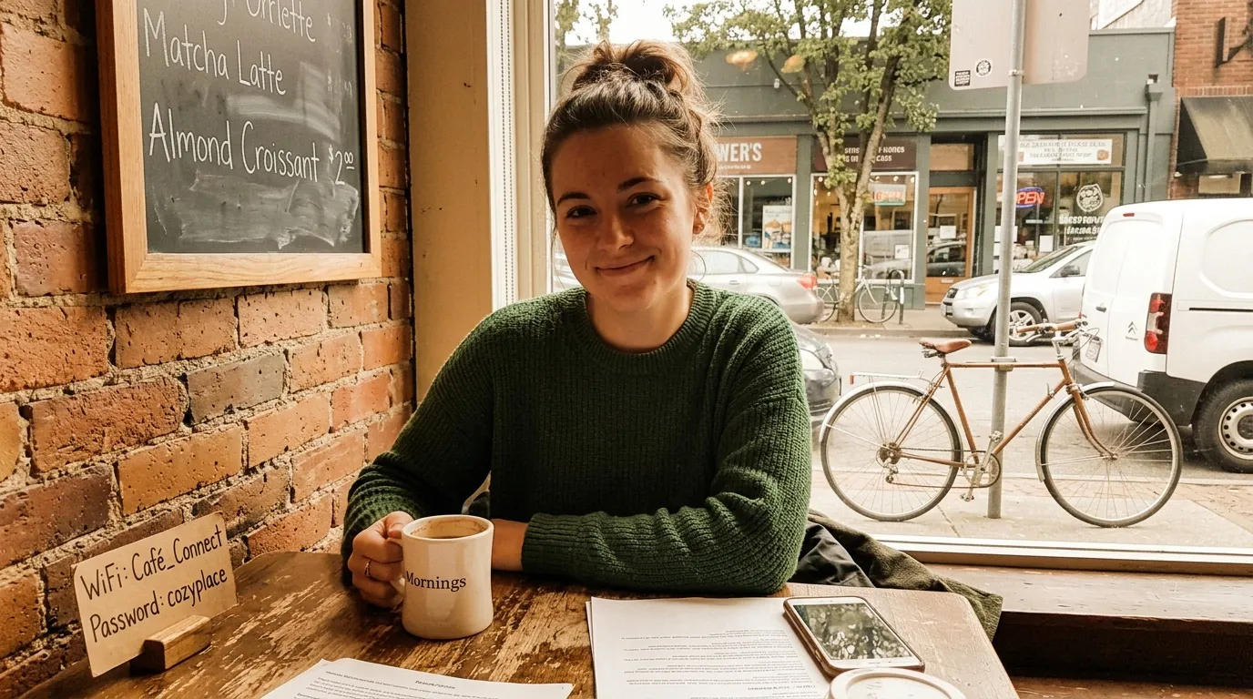 Jeune femme souriante d&eacute;gustant un caf&eacute; en terrasse