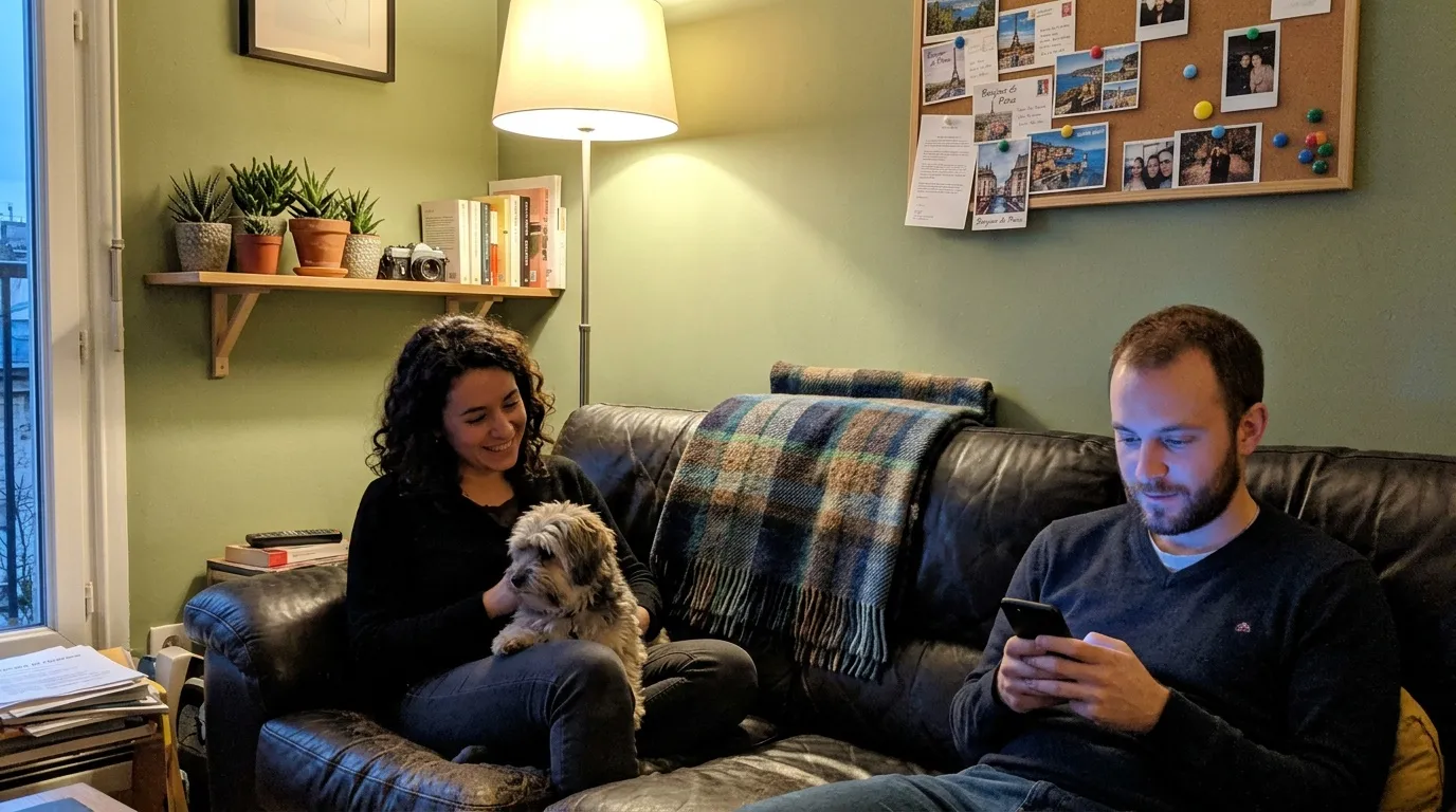 Couple avec chien sur canap&eacute; noir dans salon vert