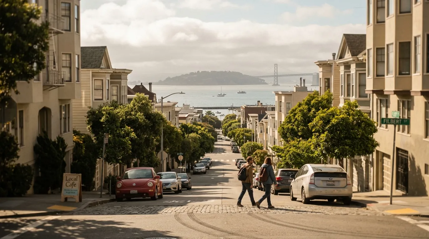 Rue pav&eacute;e avec maisons, vue sur le pont du Golden Gate et la baie