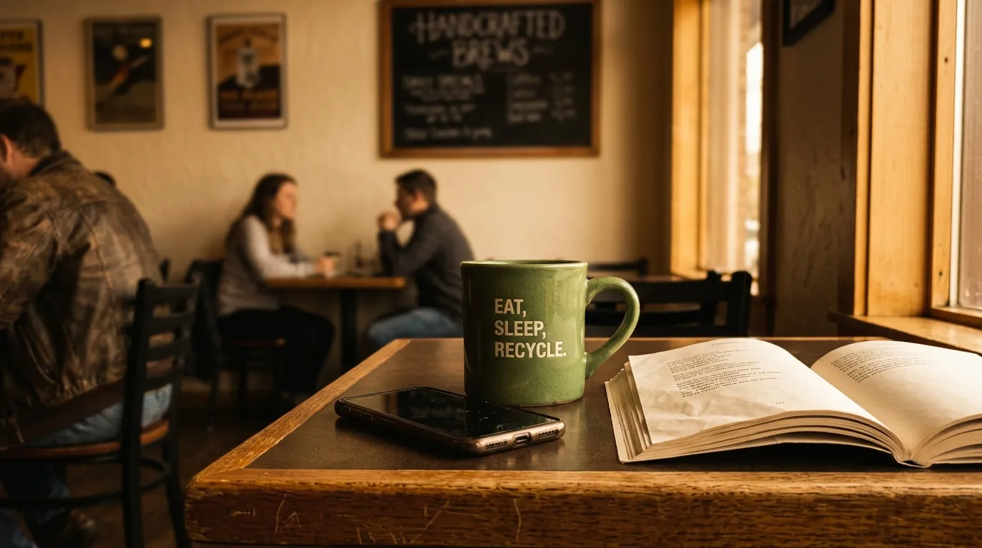 Mug, t&eacute;l&eacute;phone et livre ouvert dans un caf&eacute; avec clients