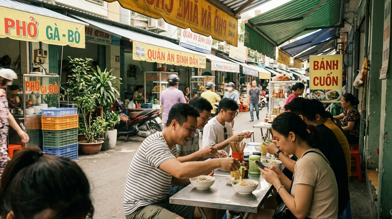 Clients mangent dans une ruelle de march&eacute; vietnamien anim&eacute;e
