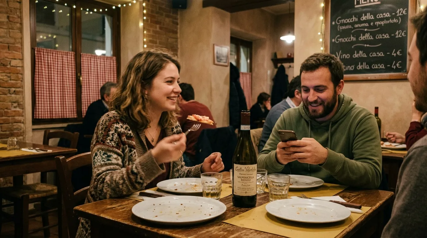 Deux personnes d&icirc;nent ensemble dans un restaurant italien chaleureux.